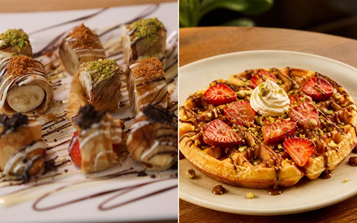 Artistic crepes and a golden mini waffle